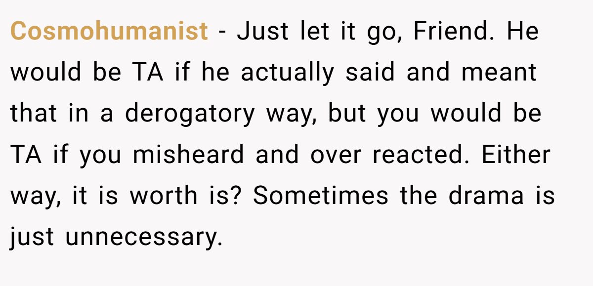 Cosmohumanist − Just let it go, Friend. He would be TA if he actually said and meant that in a derogatory way, but you would be TA if you misheard and over reacted. Either way, it is worth is? Sometimes the drama is just unnecessary.
