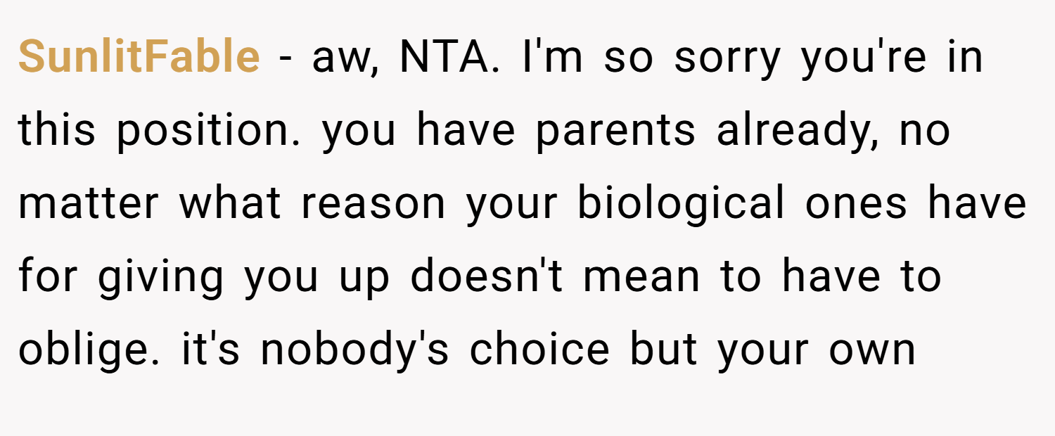 SunlitFable − aw, NTA. I'm so sorry you're in this position. you have parents already, no matter what reason your biological ones have for giving you up doesn't mean to have to oblige. it's nobody's choice but your own