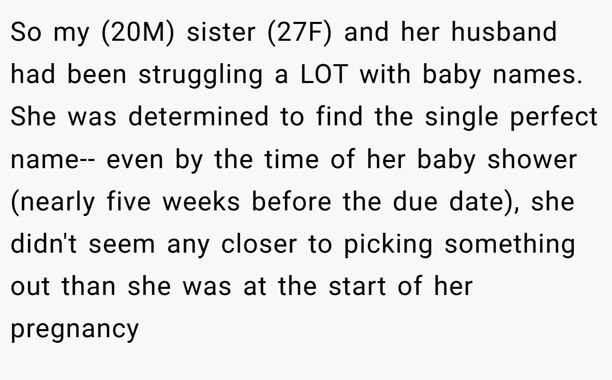 So my (20M) sister (27F) and her husband had been struggling a LOT with baby names. She was determined to find the single perfect name-- even by the time of her baby shower (nearly five weeks before the due date), she didn't seem any closer to picking something out than she was at the start of her pregnancy