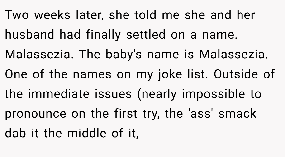 Two weeks later, she told me she and her husband had finally settled on a name. Malassezia. The baby's name is Malassezia. One of the names on my joke list. Outside of the immediate issues (nearly impossible to pronounce on the first try, the 'ass' smack dab it the middle of it,