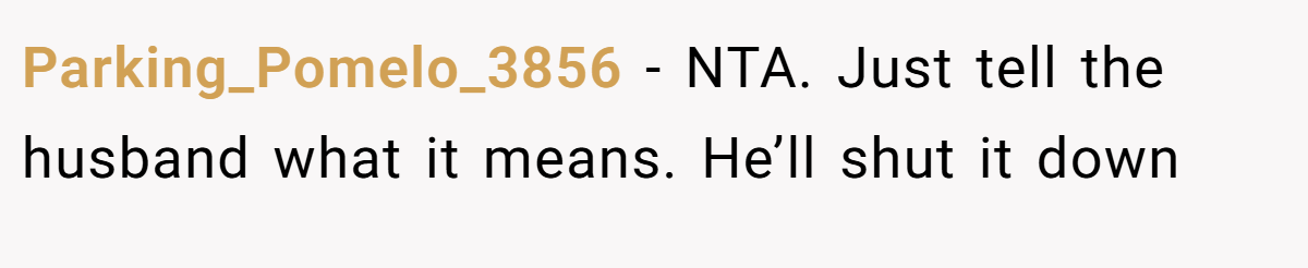 Parking_Pomelo_3856 − NTA. Just tell the husband what it means. He’ll shut it down