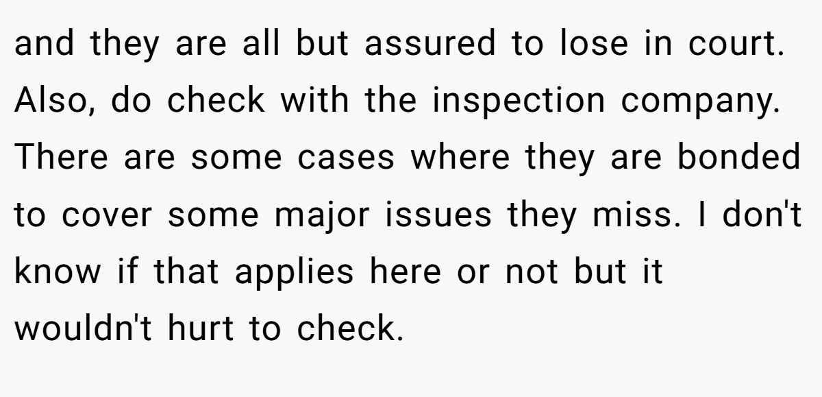 and they are all but assured to lose in court. Also, do check with the inspection company. There are some cases where they are bonded to cover some major issues they miss. I don't know if that applies here or not but it wouldn't hurt to check.