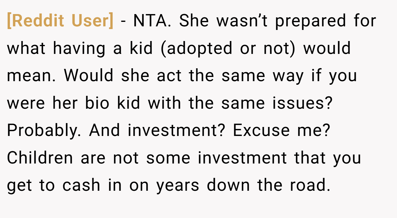 [Reddit User] − NTA. She wasn’t prepared for what having a kid (adopted or not) would mean. Would she act the same way if you were her bio kid with the same issues? Probably. And investment? Excuse me? Children are not some investment that you get to cash in on years down the road.