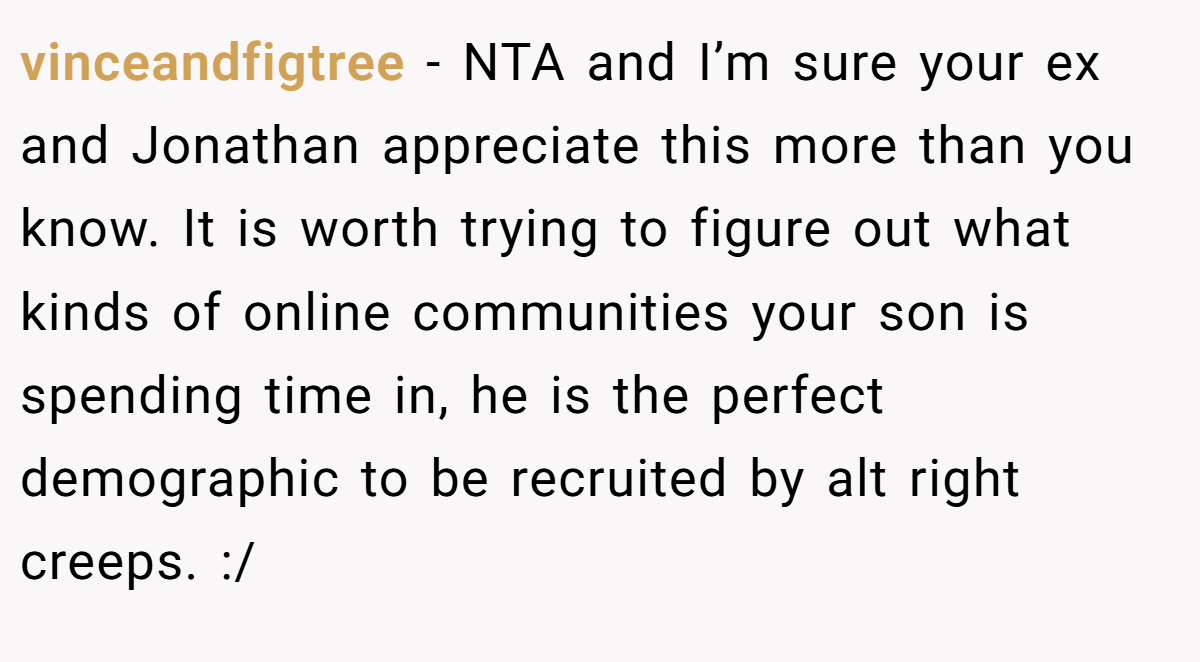 vinceandfigtree − NTA and I’m sure your ex and Jonathan appreciate this more than you know. It is worth trying to figure out what kinds of online communities your son is spending time in, he is the perfect demographic to be recruited by alt right creeps. :/