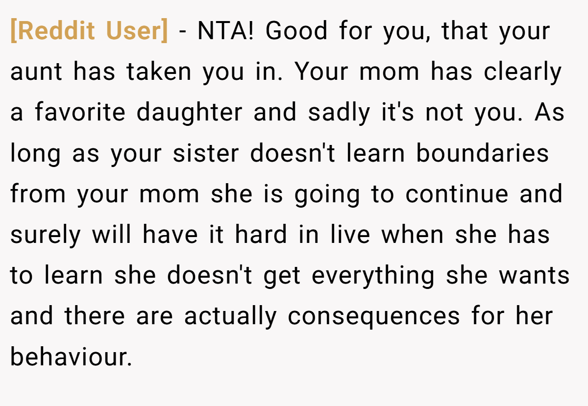 [Reddit User] − NTA! Good for you, that your aunt has taken you in. Your mom has clearly a favorite daughter and sadly it's not you. As long as your sister doesn't learn boundaries from your mom she is going to continue and surely will have it hard in live when she has to learn she doesn't get everything she wants and there are actually consequences for her behaviour.