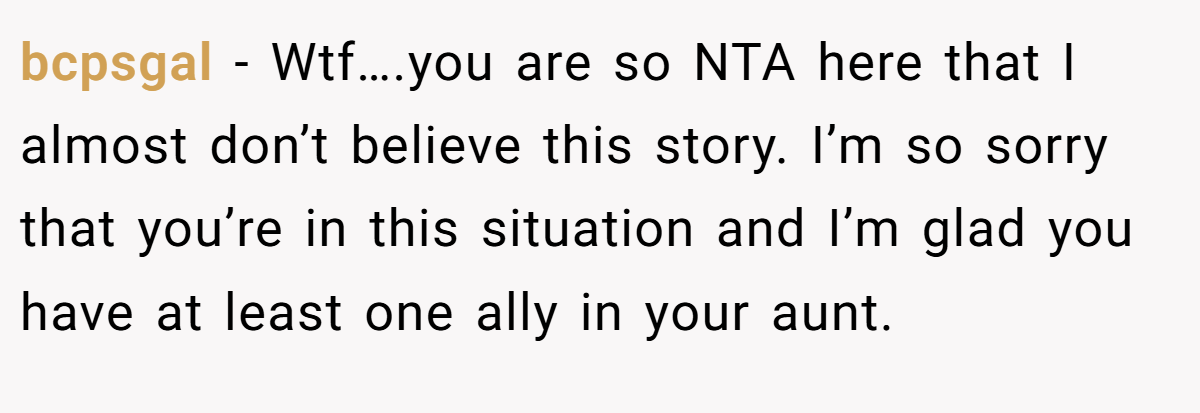 bcpsgal − Wtf….you are so NTA here that I almost don’t believe this story. I’m so sorry that you’re in this situation and I’m glad you have at least one ally in your aunt.