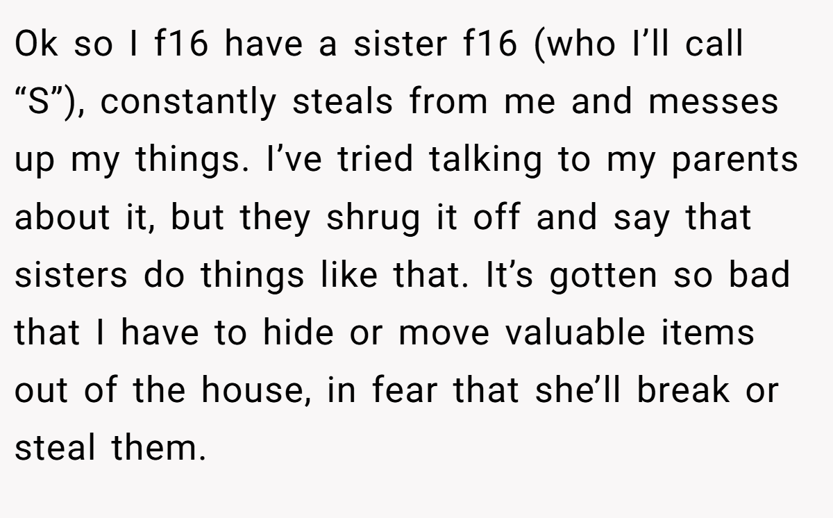 Ok so I f16 have a sister f16 (who I’ll call “S”), constantly steals from me and messes up my things. I’ve tried talking to my parents about it, but they shrug it off and say that sisters do things like that. It’s gotten so bad that I have to hide or move valuable items out of the house, in fear that she’ll break or steal them.
