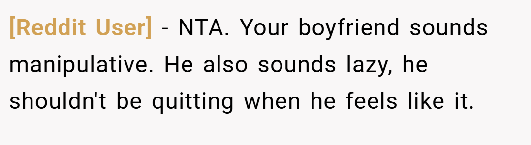 [Reddit User] − NTA. Your boyfriend sounds manipulative. He also sounds lazy, he shouldn't be quitting when he feels like it.