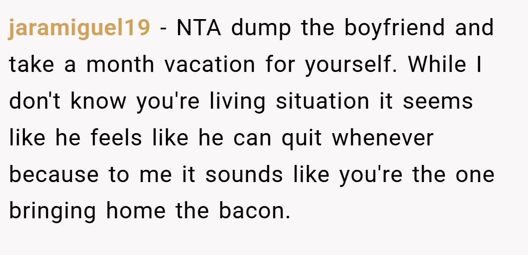 jaramiguel19 − NTA dump the boyfriend and take a month vacation for yourself. While I don't know you're living situation it seems like he feels like he can quit whenever because to me it sounds like you're the one bringing home the bacon.