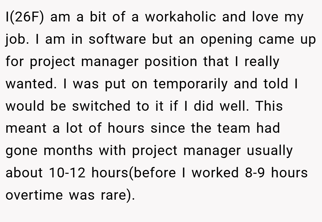I(26F) am a bit of a workaholic and love my job. I am in software but an opening came up for project manager position that I really wanted. I was put on temporarily and told I would be switched to it if I did well. This meant a lot of hours since the team had gone months with project manager usually about 10-12 hours(before I worked 8-9 hours overtime was rare).