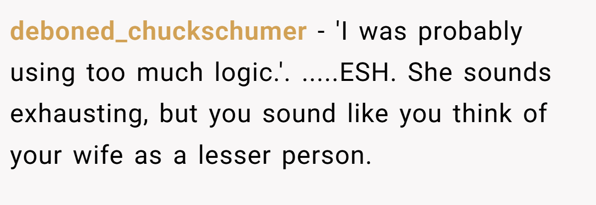 deboned_chuckschumer − 'I was probably using too much logic.'. .....ESH. She sounds exhausting, but you sound like you think of your wife as a lesser person.