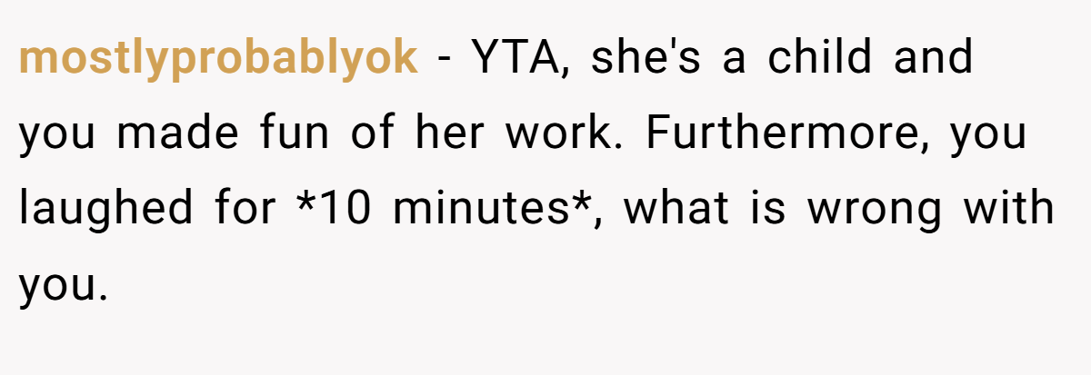 mostlyprobablyok − YTA, she's a child and you made fun of her work. Furthermore, you laughed for *10 minutes*, what is wrong with you.