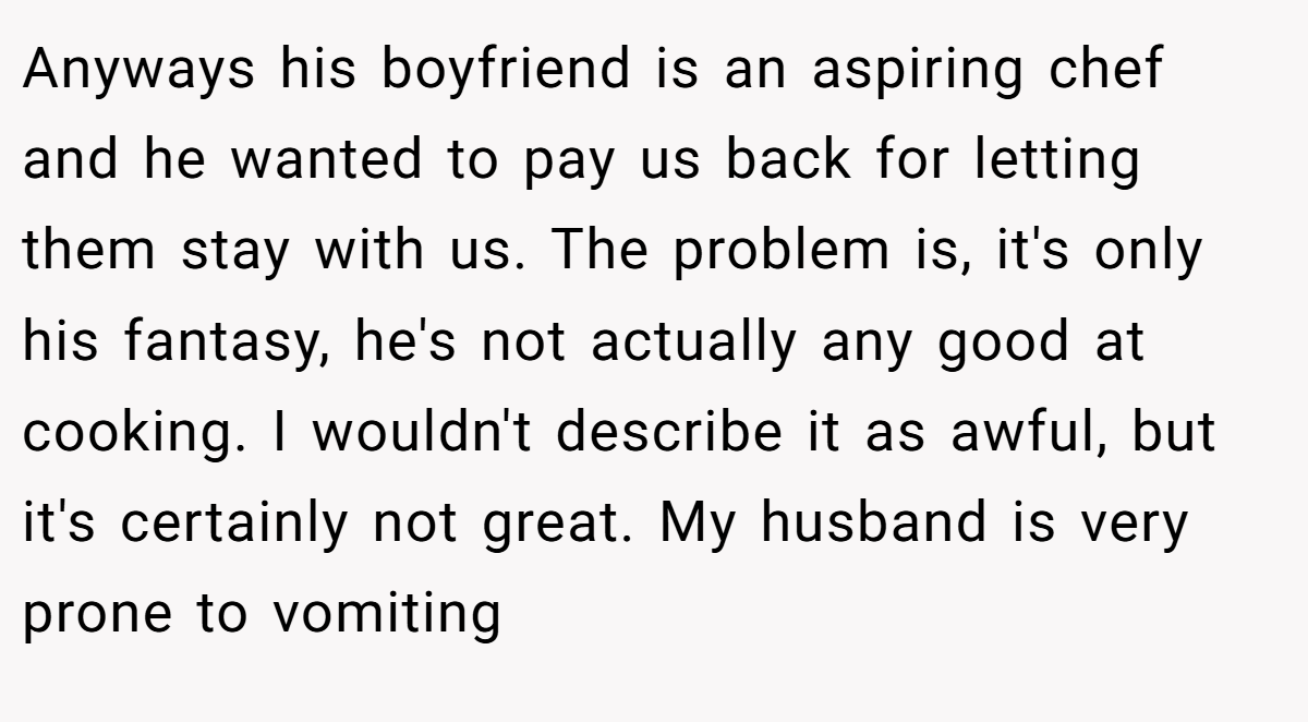 Anyways his boyfriend is an aspiring chef and he wanted to pay us back for letting them stay with us. The problem is, it's only his fantasy, he's not actually any good at cooking. I wouldn't describe it as awful, but it's certainly not great. My husband is very prone to vomiting