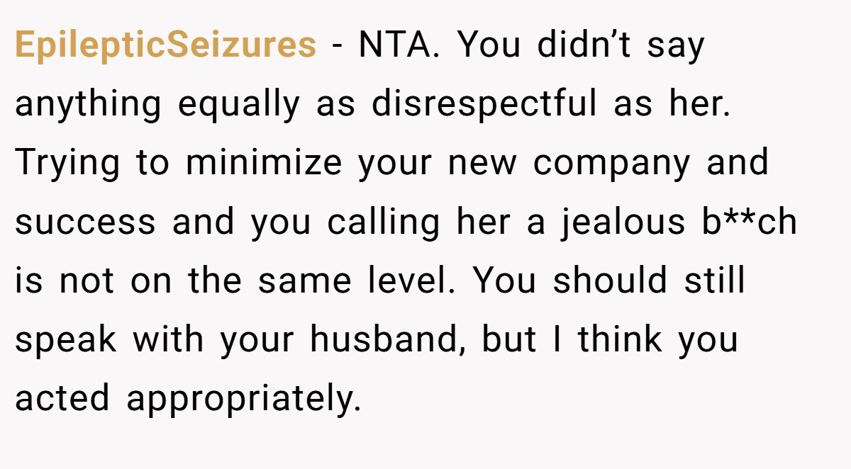EpilepticSeizures − NTA. You didn’t say anything equally as disrespectful as her. Trying to minimize your new company and success and you calling her a jealous b**ch is not on the same level. You should still speak with your husband, but I think you acted appropriately.
