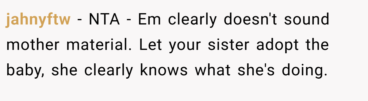 jahnyftw − NTA - Em clearly doesn't sound mother material. Let your sister adopt the baby, she clearly knows what she's doing.