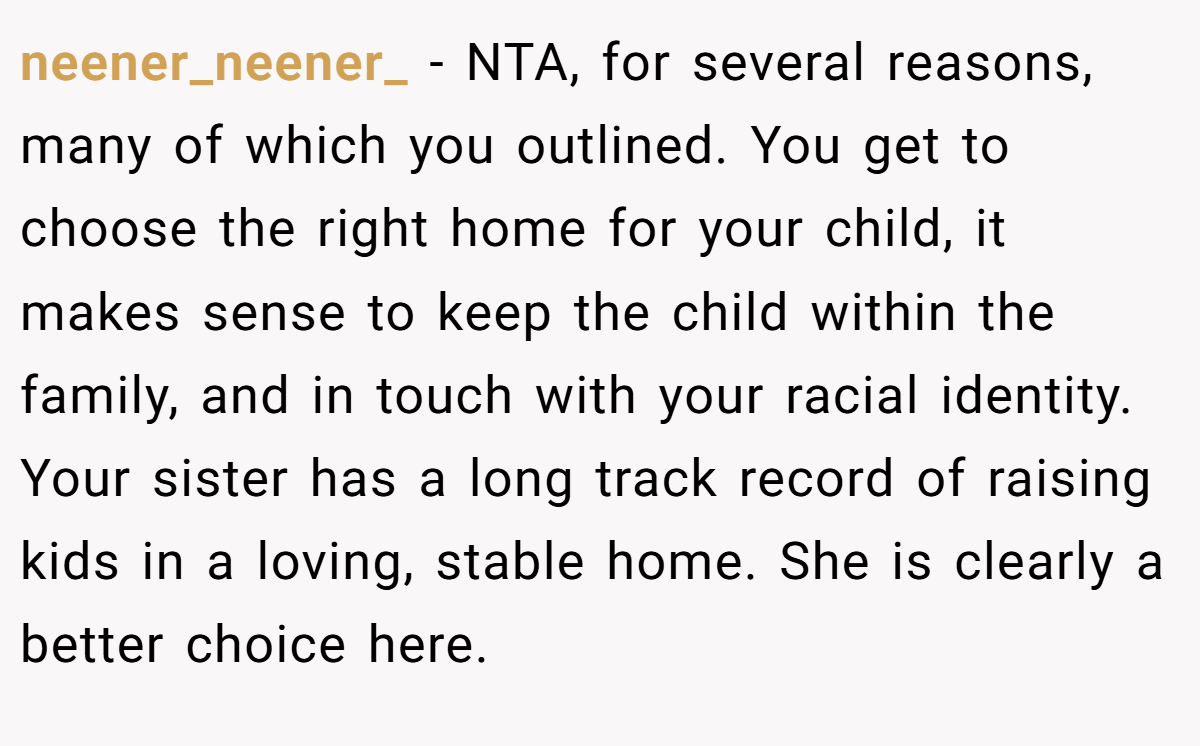 neener_neener_ − NTA, for several reasons, many of which you outlined. You get to choose the right home for your child, it makes sense to keep the child within the family, and in touch with your racial identity. Your sister has a long track record of raising kids in a loving, stable home. She is clearly a better choice here.