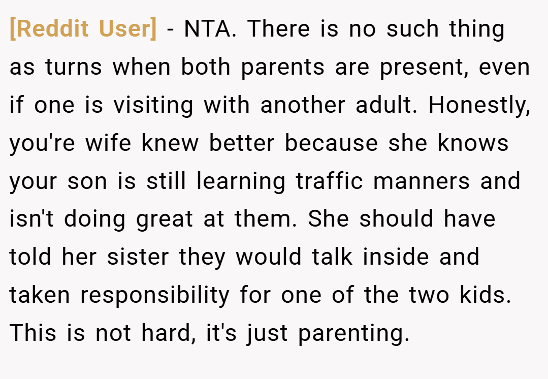 [Reddit User] − NTA. There is no such thing as turns when both parents are present, even if one is visiting with another adult. Honestly, you're wife knew better because she knows your son is still learning traffic manners and isn't doing great at them. She should have told her sister they would talk inside and taken responsibility for one of the two kids. This is not hard, it's just parenting.
