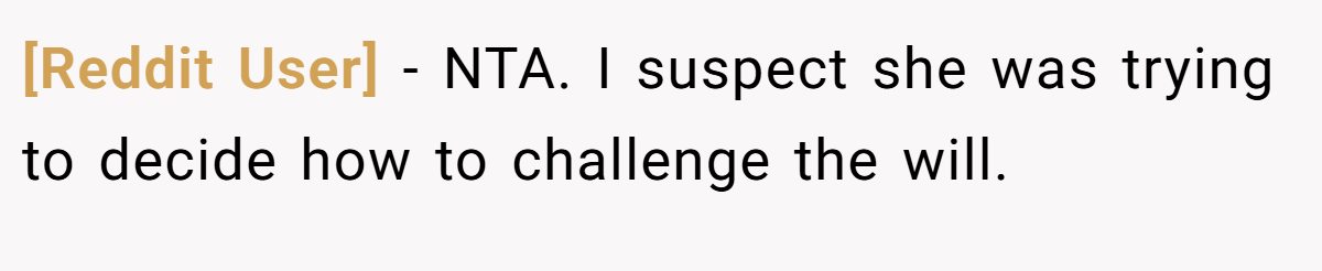 [Reddit User] − NTA. I suspect she was trying to decide how to challenge the will.
