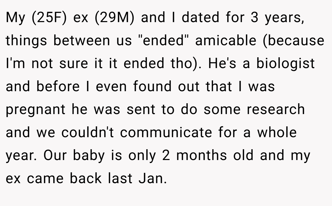 My (25F) ex (29M) and I dated for 3 years, things between us ''ended'' amicable (because I'm not sure it it ended tho). He's a biologist and before I even found out that I was pregnant he was sent to do some research and we couldn't communicate for a whole year. Our baby is only 2 months old and my ex came back last Jan.