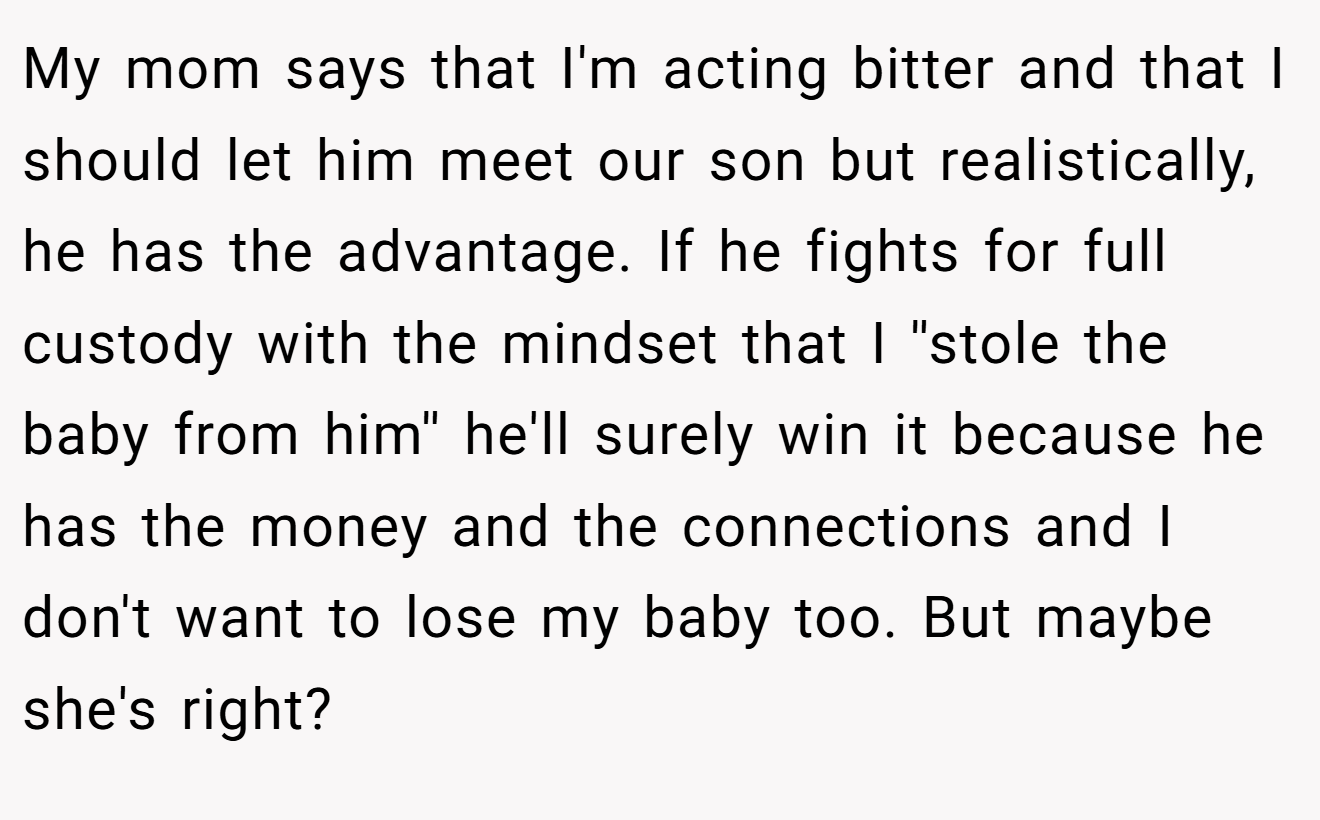 My mom says that I'm acting bitter and that I should let him meet our son but realistically, he has the advantage. If he fights for full custody with the mindset that I ''stole the baby from him'' he'll surely win it because he has the money and the connections and I don't want to lose my baby too. But maybe she's right?