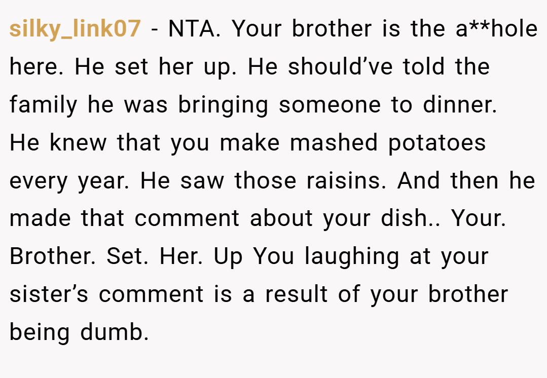 silky_link07 − NTA. Your brother is the a**hole here. He set her up. He should’ve told the family he was bringing someone to dinner. He knew that you make mashed potatoes every year. He saw those raisins. And then he made that comment about your dish.. Your. Brother. Set. Her. Up You laughing at your sister’s comment is a result of your brother being dumb.