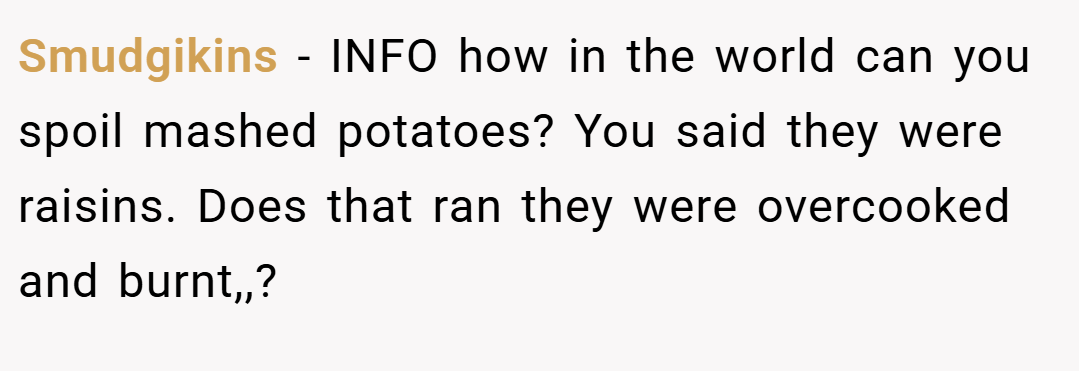 Smudgikins − INFO how in the world can you spoil mashed potatoes? You said they were raisins. Does that ran they were overcooked and burnt,,?