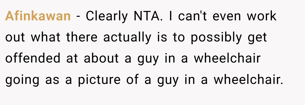 Afinkawan − Clearly NTA. I can't even work out what there actually is to possibly get offended at about a guy in a wheelchair going as a picture of a guy in a wheelchair.