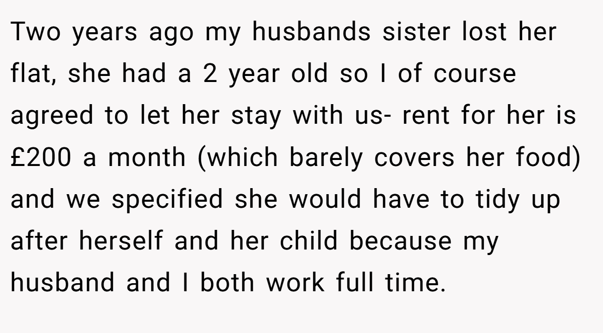 Two years ago my husbands sister lost her flat, she had a 2 year old so I of course agreed to let her stay with us- rent for her is £200 a month (which barely covers her food) and we specified she would have to tidy up after herself and her child because my husband and I both work full time.