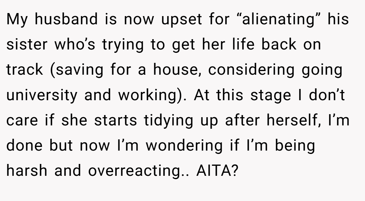 My husband is now upset for “alienating” his sister who’s trying to get her life back on track (saving for a house, considering going university and working). At this stage I don’t care if she starts tidying up after herself, I’m done but now I’m wondering if I’m being harsh and overreacting.. AITA?