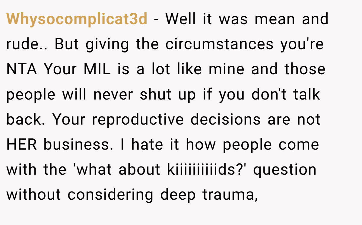 Whysocomplicat3d − Well it was mean and rude.. But giving the circumstances you're NTA Your MIL is a lot like mine and those people will never shut up if you don't talk back. Your reproductive decisions are not HER business. I hate it how people come with the 'what about kiiiiiiiiiids?' question without considering deep trauma,