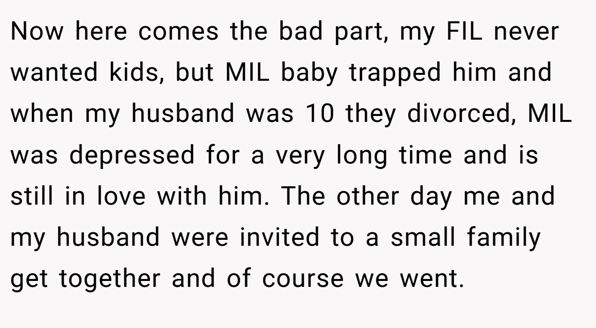 Now here comes the bad part, my FIL never wanted kids, but MIL baby trapped him and when my husband was 10 they divorced, MIL was depressed for a very long time and is still in love with him. The other day me and my husband were invited to a small family get together and of course we went.