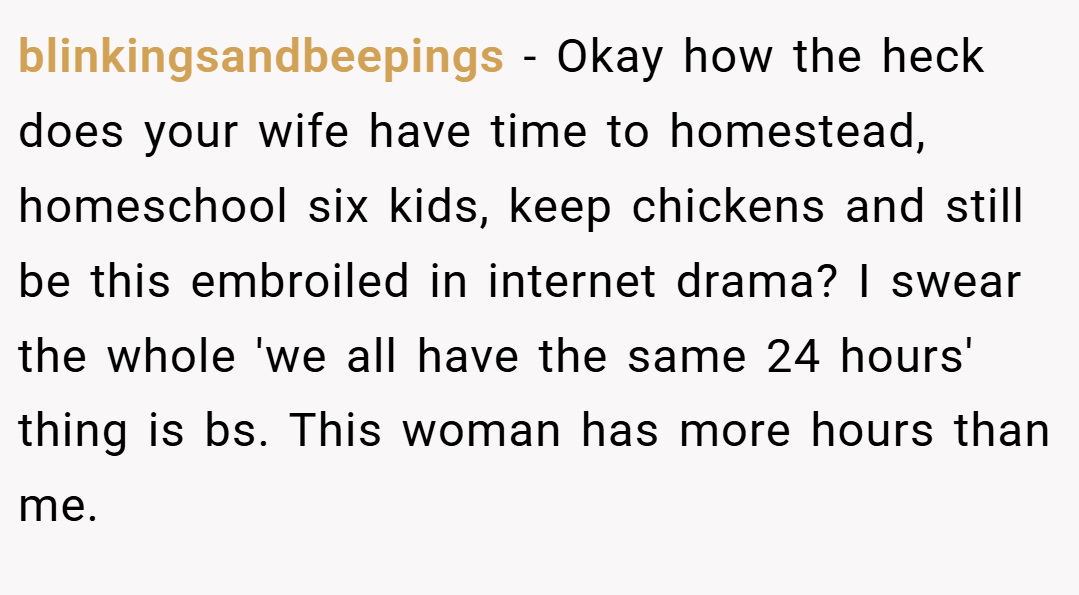 blinkingsandbeepings − Okay how the heck does your wife have time to homestead, homeschool six kids, keep chickens and still be this embroiled in internet drama? I swear the whole 'we all have the same 24 hours' thing is bs. This woman has more hours than me.