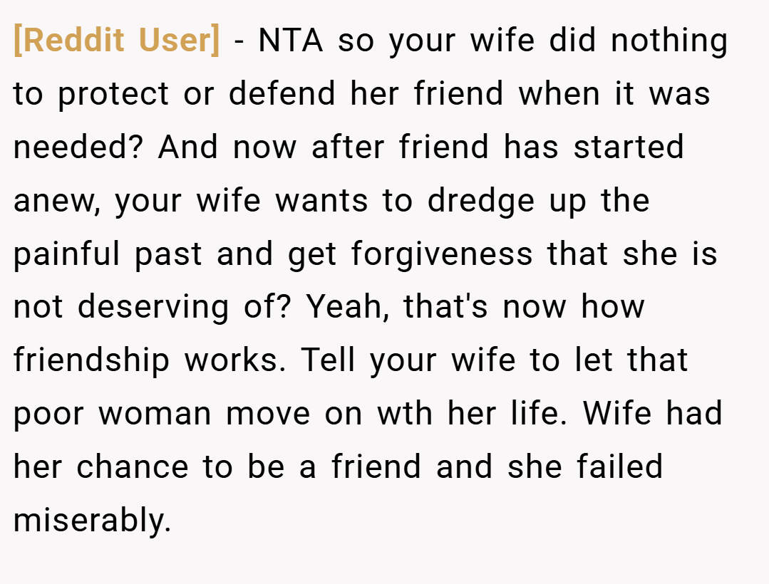 [Reddit User] − NTA so your wife did nothing to protect or defend her friend when it was needed? And now after friend has started anew, your wife wants to dredge up the painful past and get forgiveness that she is not deserving of? Yeah, that's now how friendship works. Tell your wife to let that poor woman move on wth her life. Wife had her chance to be a friend and she failed miserably.