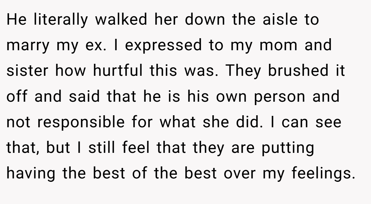 He literally walked her down the aisle to marry my ex. I expressed to my mom and sister how hurtful this was. They brushed it off and said that he is his own person and not responsible for what she did. I can see that, but I still feel that they are putting having the best of the best over my feelings.