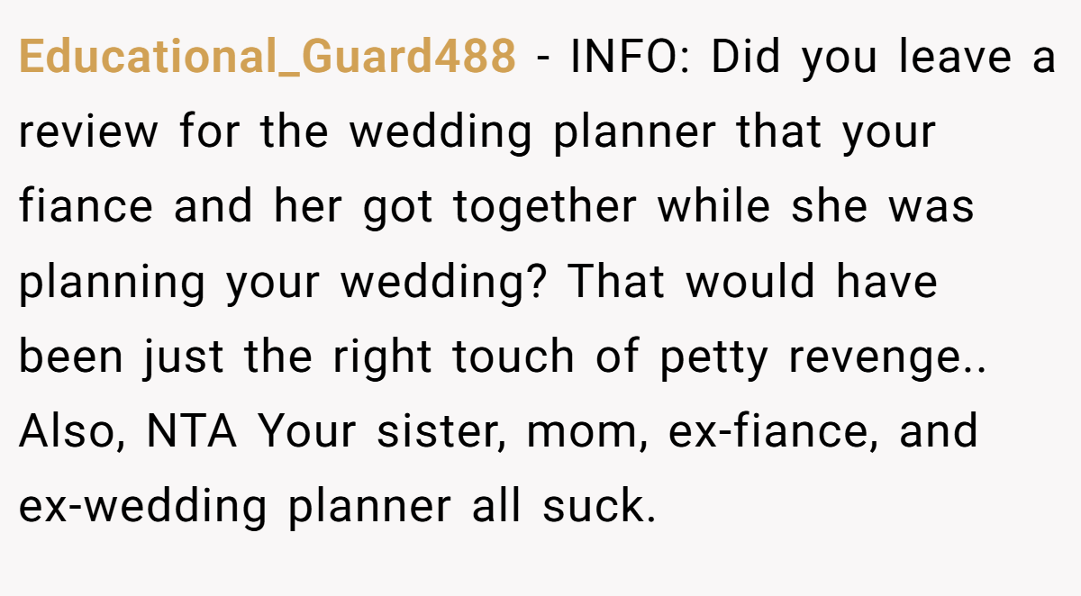 Educational_Guard488 − INFO: Did you leave a review for the wedding planner that your fiance and her got together while she was planning your wedding? That would have been just the right touch of petty revenge.. Also, NTA Your sister, mom, ex-fiance, and ex-wedding planner all suck.