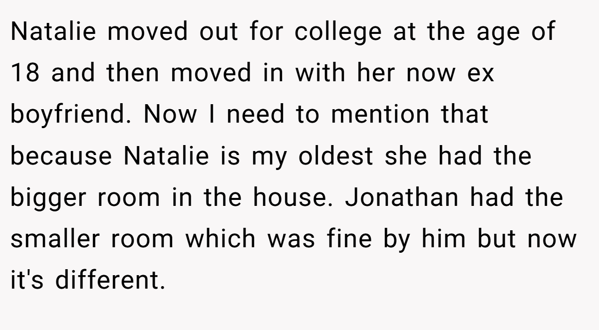 Natalie moved out for college at the age of 18 and then moved in with her now ex boyfriend. Now I need to mention that because Natalie is my oldest she had the bigger room in the house. Jonathan had the smaller room which was fine by him but now it's different.
