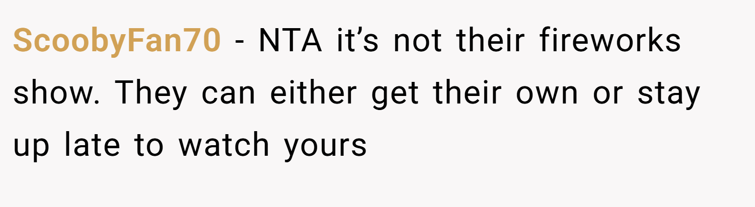 ScoobyFan70 − NTA it’s not their fireworks show. They can either get their own or stay up late to watch yours