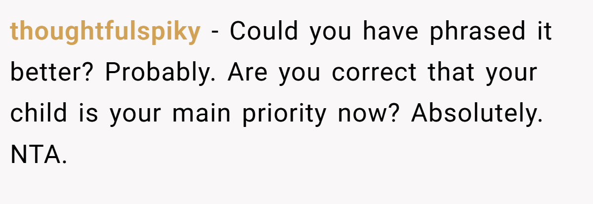 thoughtfulspiky − Could you have phrased it better? Probably. Are you correct that your child is your main priority now? Absolutely. NTA.