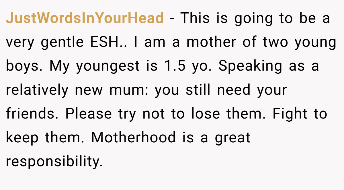 JustWordsInYourHead − This is going to be a very gentle ESH.. I am a mother of two young boys. My youngest is 1.5 yo. Speaking as a relatively new mum: you still need your friends. Please try not to lose them. Fight to keep them. Motherhood is a great responsibility.