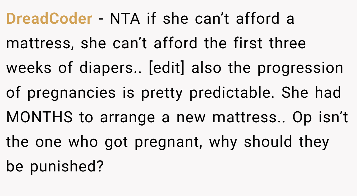 DreadCoder − NTA if she can’t afford a mattress, she can’t afford the first three weeks of diapers.. [edit] also the progression of pregnancies is pretty predictable. She had MONTHS to arrange a new mattress.. Op isn’t the one who got pregnant, why should they be punished?