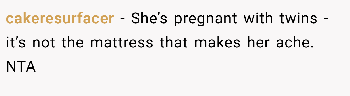 cakeresurfacer − She’s pregnant with twins - it’s not the mattress that makes her ache. NTA