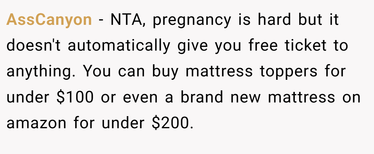 AssCanyon − NTA, pregnancy is hard but it doesn't automatically give you free ticket to anything. You can buy mattress toppers for under $100 or even a brand new mattress on amazon for under $200.
