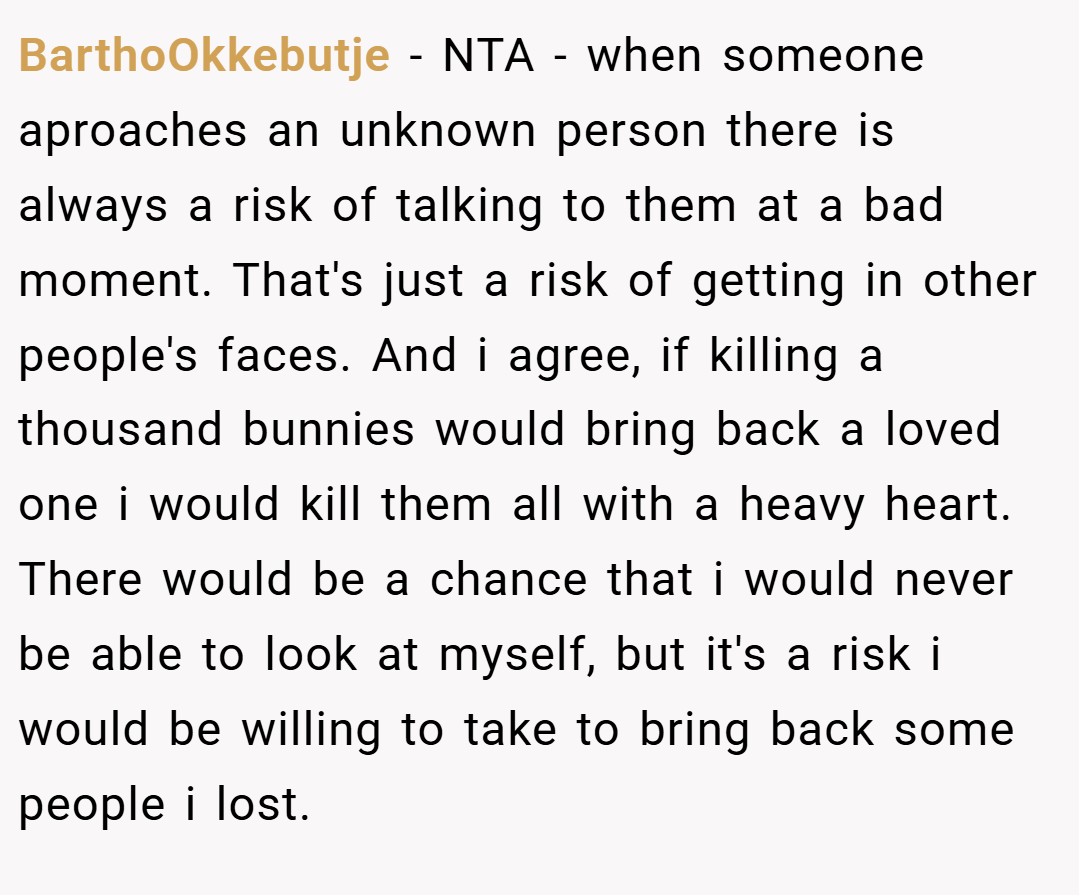 BarthoOkkebutje − NTA - when someone aproaches an unknown person there is always a risk of talking to them at a bad moment. That's just a risk of getting in other people's faces. And i agree, if killing a thousand bunnies would bring back a loved one i would kill them all with a heavy heart. There would be a chance that i would never be able to look at myself, but it's a risk i would be willing to take to bring back some people i lost.