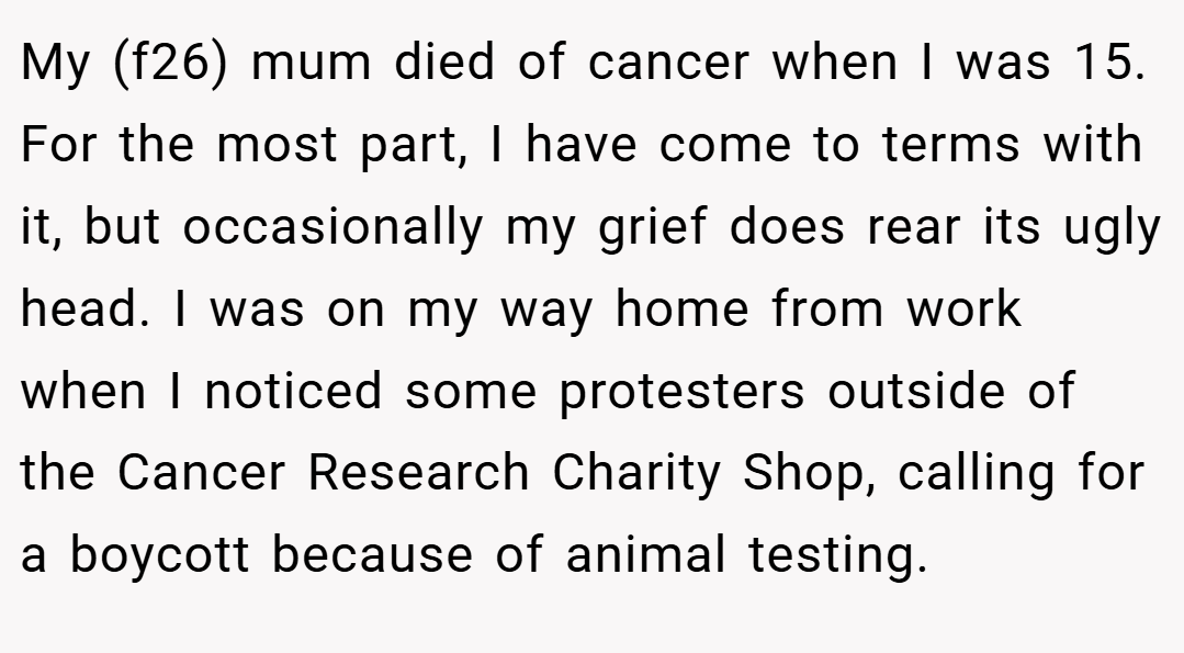 My (f26) mum died of cancer when I was 15. For the most part, I have come to terms with it, but occasionally my grief does rear its ugly head. I was on my way home from work when I noticed some protesters outside of the Cancer Research Charity Shop, calling for a boycott because of animal testing.
