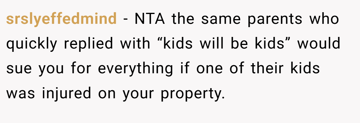 srslyeffedmind - NTA the same parents who quickly replied with “kids will be kids” would sue you for everything if one of their kids was injured on your property.