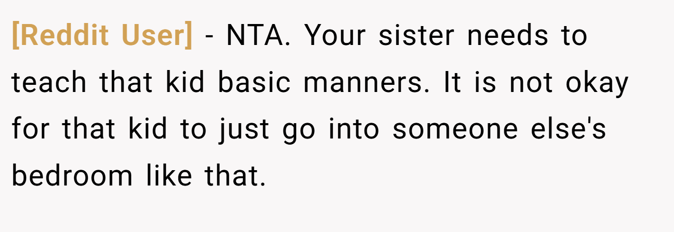 [Reddit User] - NTA. Your sister needs to teach that kid basic manners. It is not okay for that kid to just go into someone else's bedroom like that.