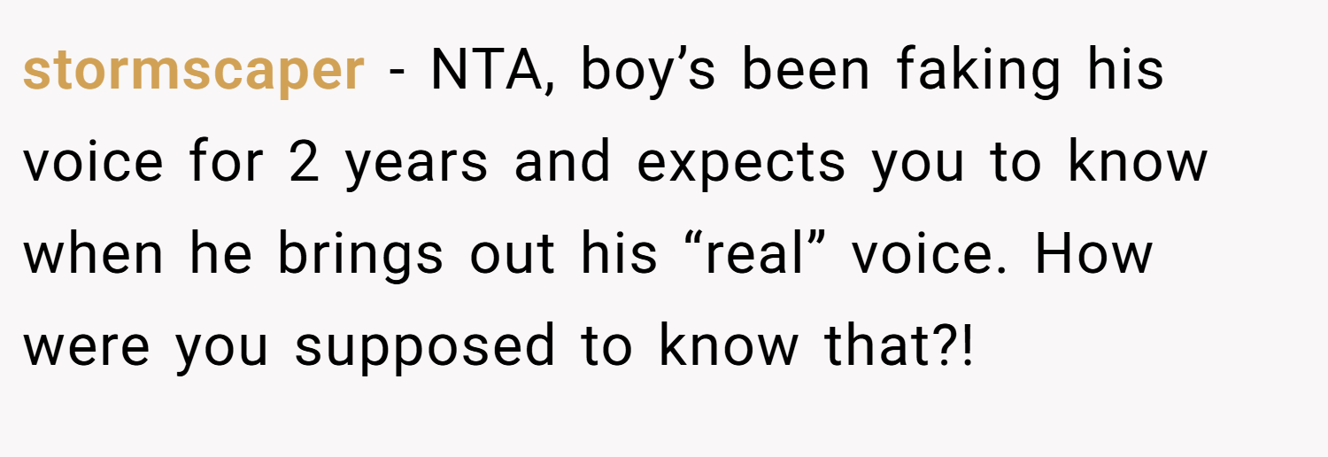 stormscaper − NTA, boy’s been faking his voice for 2 years and expects you to know when he brings out his “real” voice. How were you supposed to know that?!