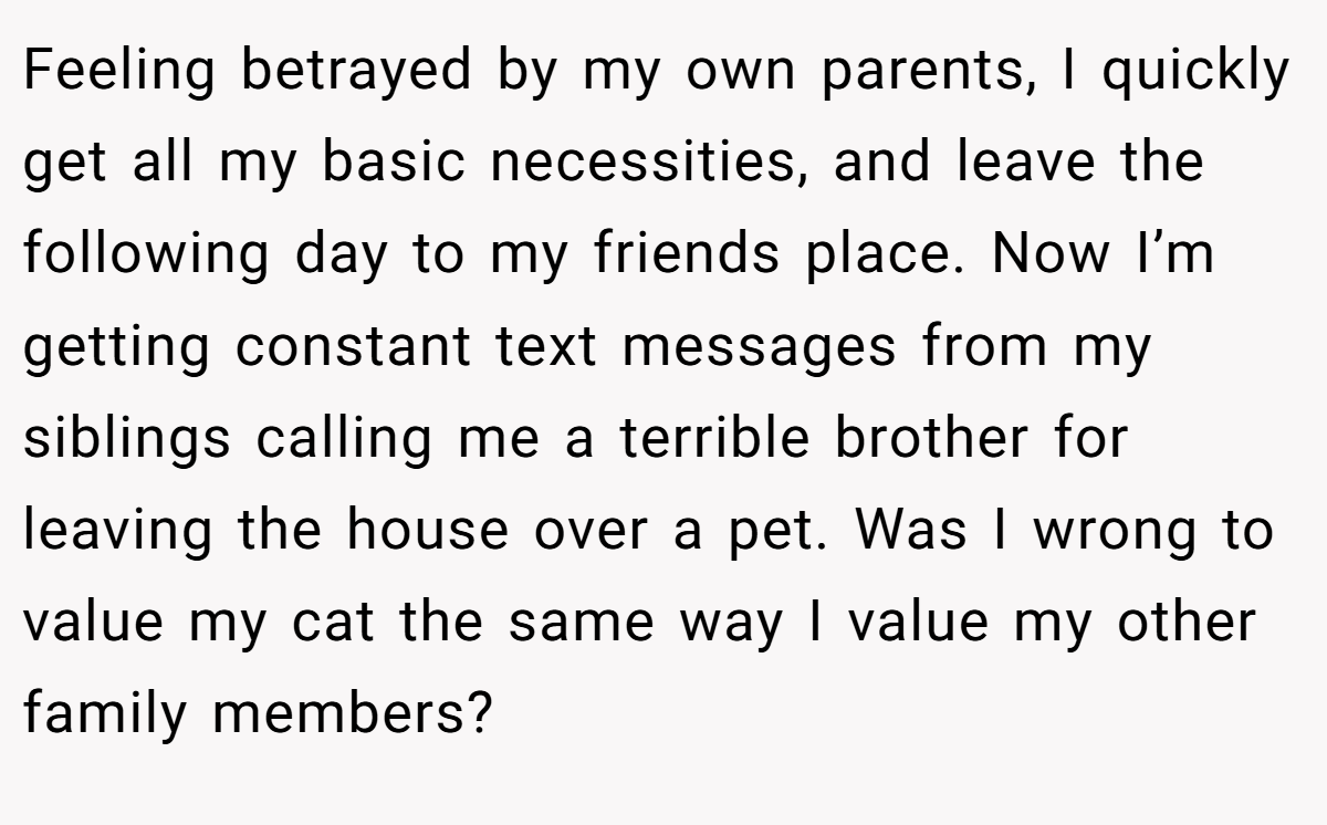 Feeling betrayed by my own parents, I quickly get all my basic necessities, and leave the following day to my friends place. Now I’m getting constant text messages from my siblings calling me a terrible brother for leaving the house over a pet. Was I wrong to value my cat the same way I value my other family members?