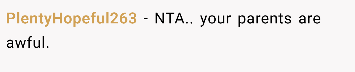 PlentyHopeful263 - NTA.. your parents are awful.