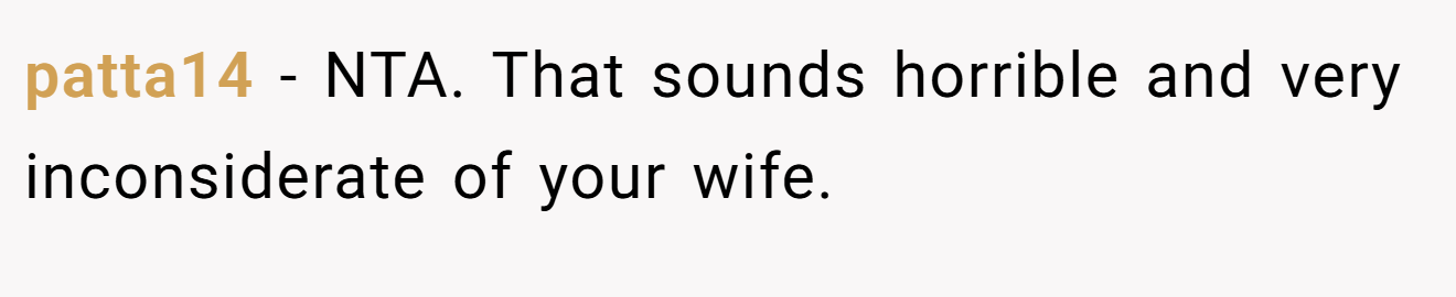 patta14 - NTA. That sounds horrible and very inconsiderate of your wife.